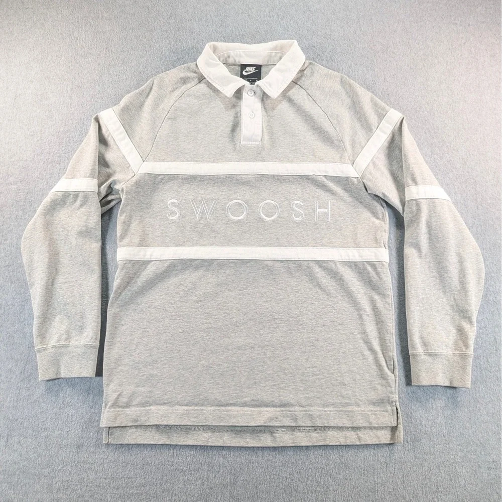 Nike Swoosh Mens Grey White Long Sleeve Rugby Polo Shirt Medium‎ 20.5x27
